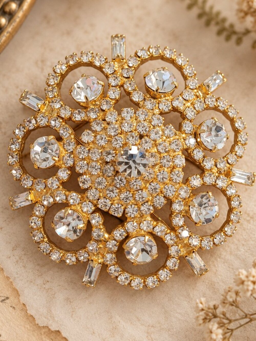 Vintage Rhinestone Brooch Clear Crystal Gold Tone Statement Pin